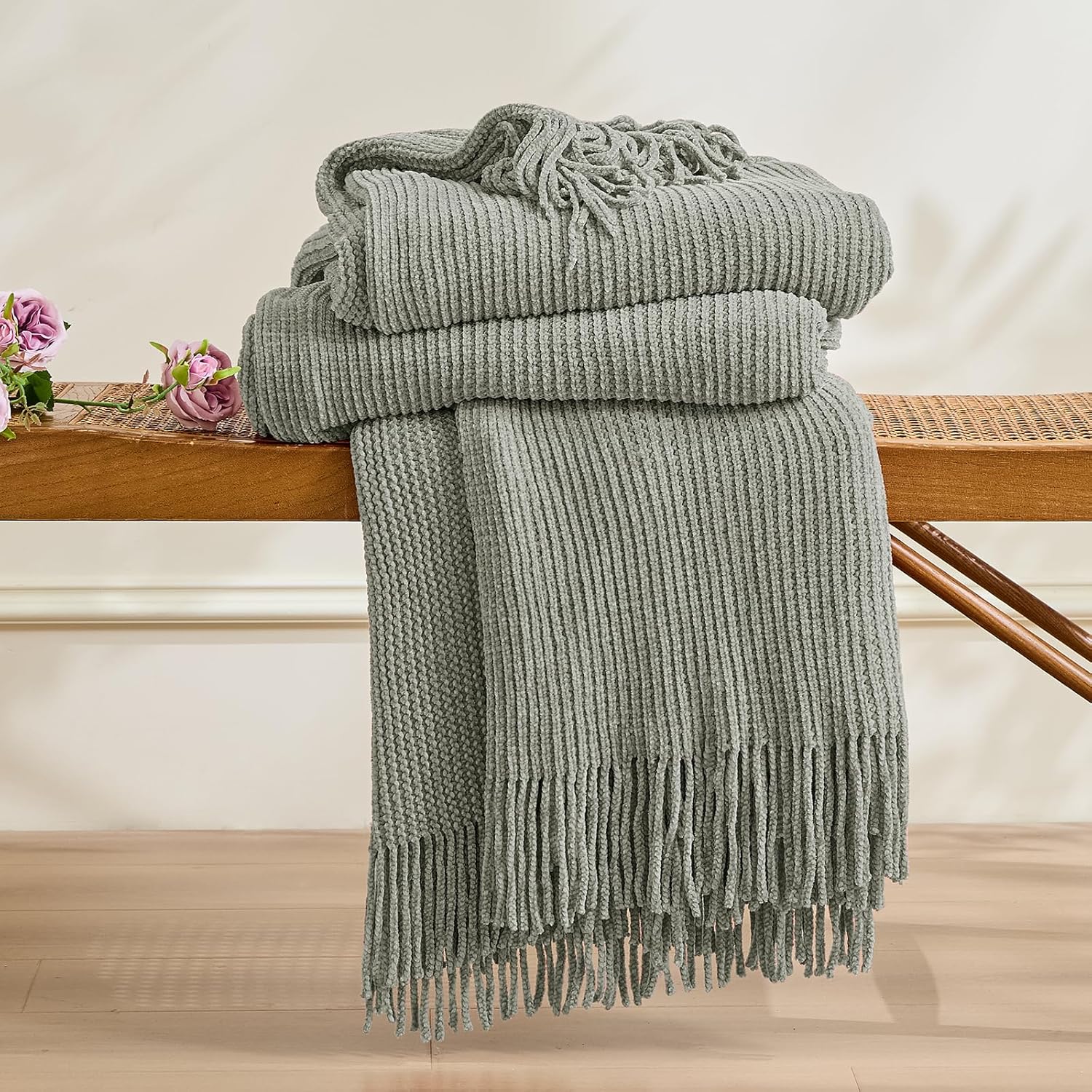 inhand Throw Blanket for Couch Bed,Chunky Chenille Woven Soft Blankets with Tassels, Cozy Boho Farmhouse Fall Winter Decor,Warm for Women,60"x80",Medium Thick-Light Grey