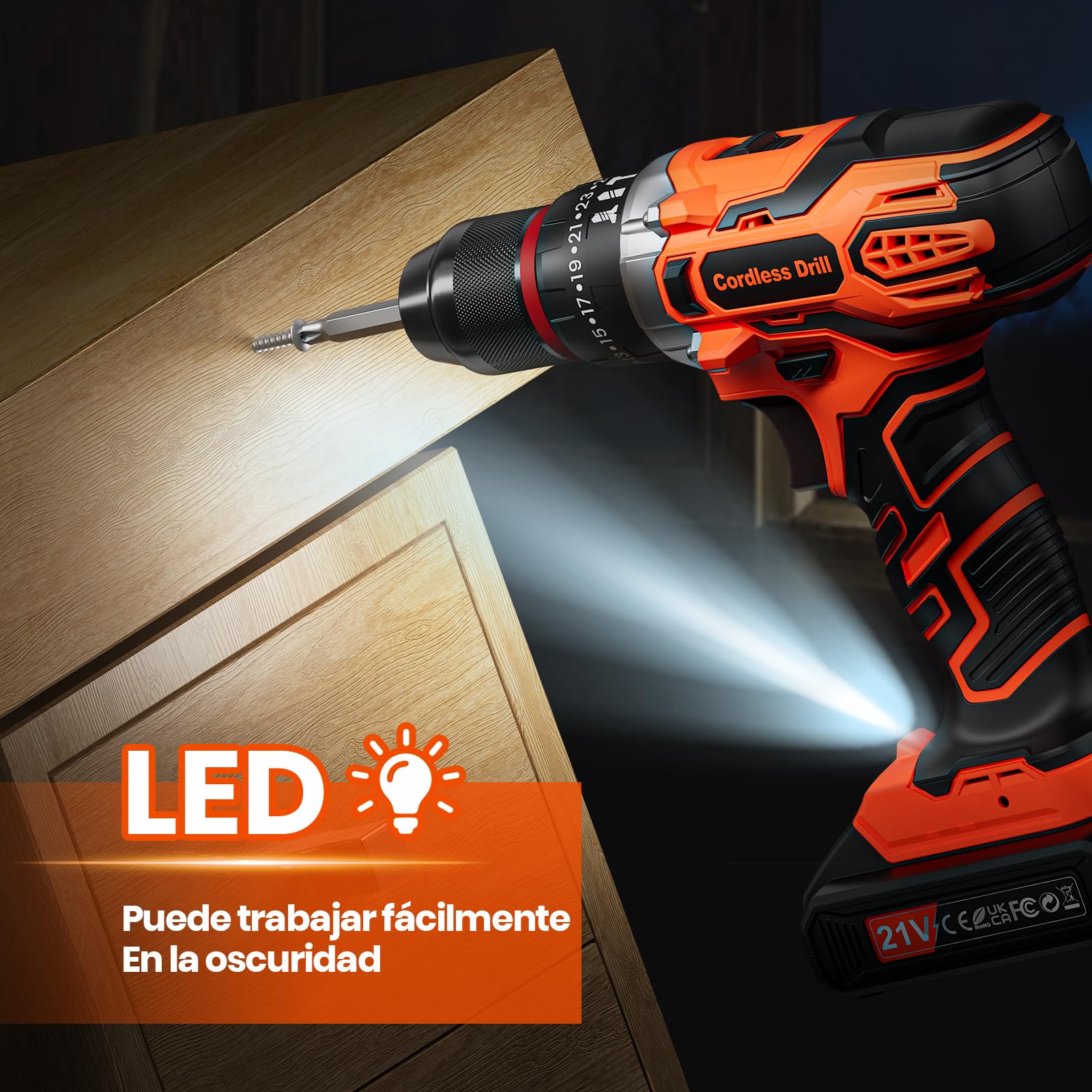 Taladro Percutor a Bateria 21V, Taladro Atornillador Batería 2 Baterías de 2,0Ah, Taladro Inalámbrico 45Nm, 2 Velocidades, 25+3 Torque, 10mm Mandril de Metal, Accesorios de 29 Piezas con Maletín