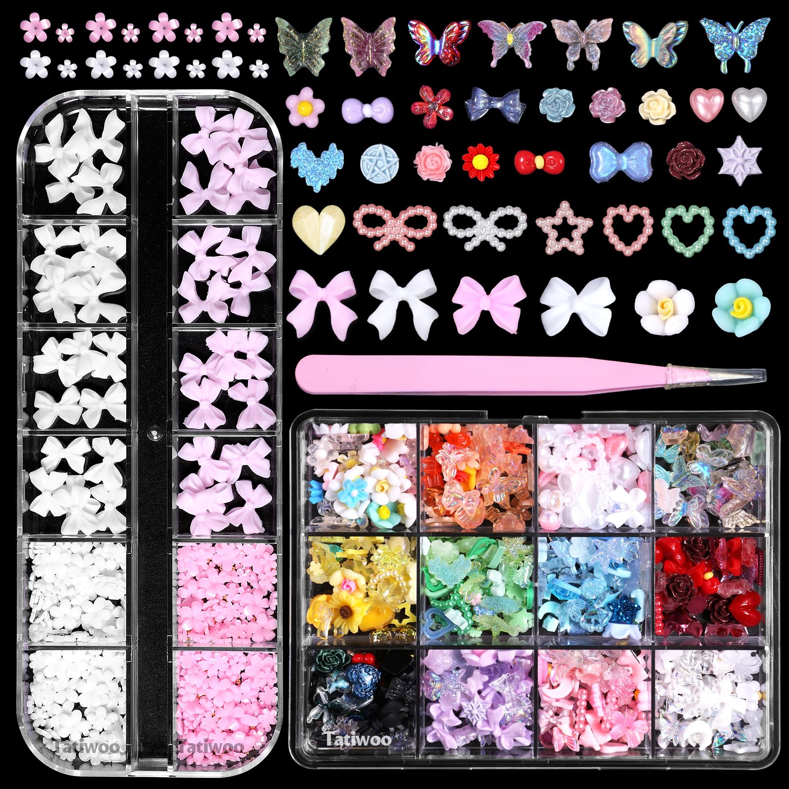 3D Butterfly Nail Charms, Butterfly Bow Flowers Star Heart Moon Acrylic Nail Art Charms, Pink White Small Nail Flower, Spring Blossom Petal Charms for