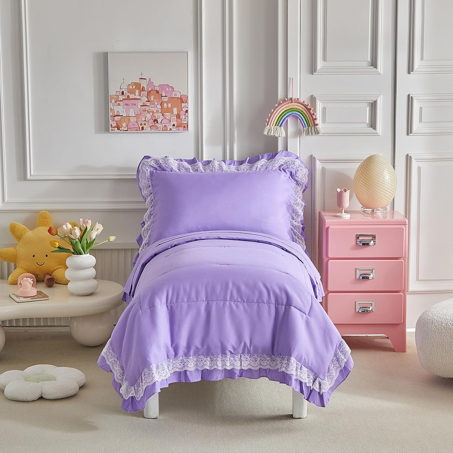 Ruffled Lace Toddler Bedding Set with Ruffle Fringe, Solid Color 4 Pieces Toddler Bed Set – 1 Cute Baby Comforter + 1 Fitted Sheet +1 Flat Sheet +1 Pillowcase for Baby Boys and Girls Purple
