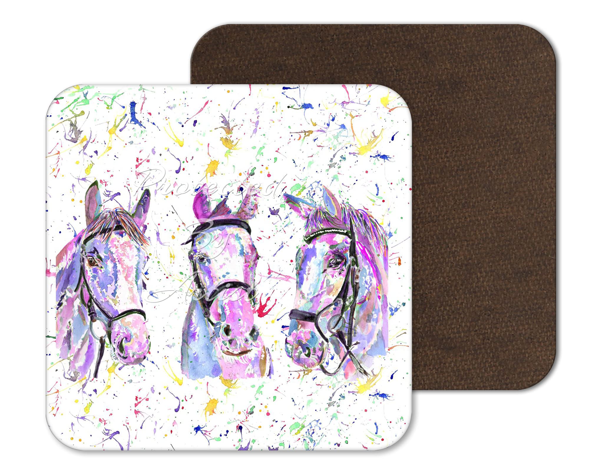 Coaster Horse 3 horses Pink Farm Animals Coasters Watercolour Art Gift Work Office Dining Tea coffee (1)