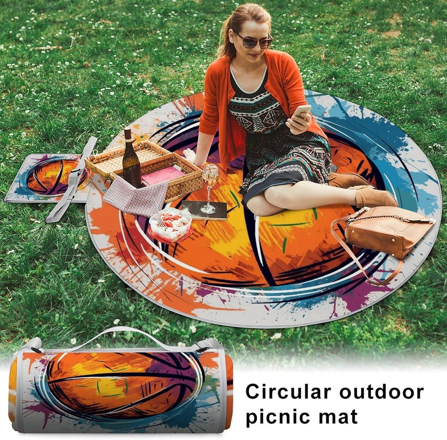 Basketball Colorful Sketch Enjoyment Picnic Blanket Foldable Outdoor Round Blankets Lightweight Beach Mats Portable Waterproof Park Sand Free Mat for Camping Hiking Sports Activities
