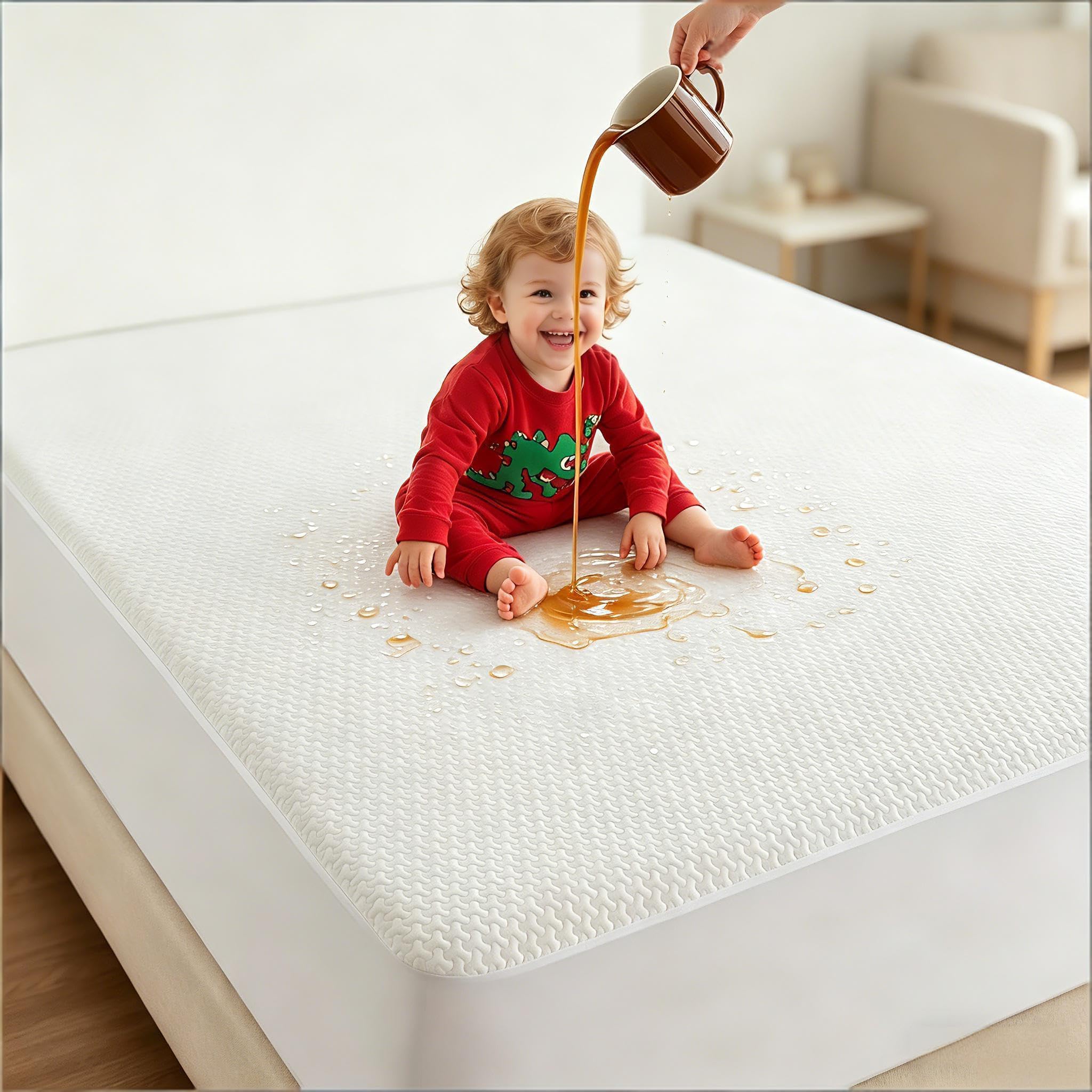 100% Waterproof Twin Mattress Protector,Breathable Cooling 3D Air Bamboo Viscose Mattress Cover Hypoallergenic,6"-14''Deep Pocket Stretchable Fitted Sheet,Noiseless Machine Washable