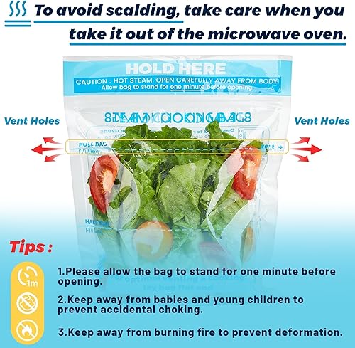 Miniatura 4 de 20 bolsas de vapor para microondas, bolsas de cocción al vapor con cremallera para verduras, patatas, mariscos, carne, verduras y alimentos