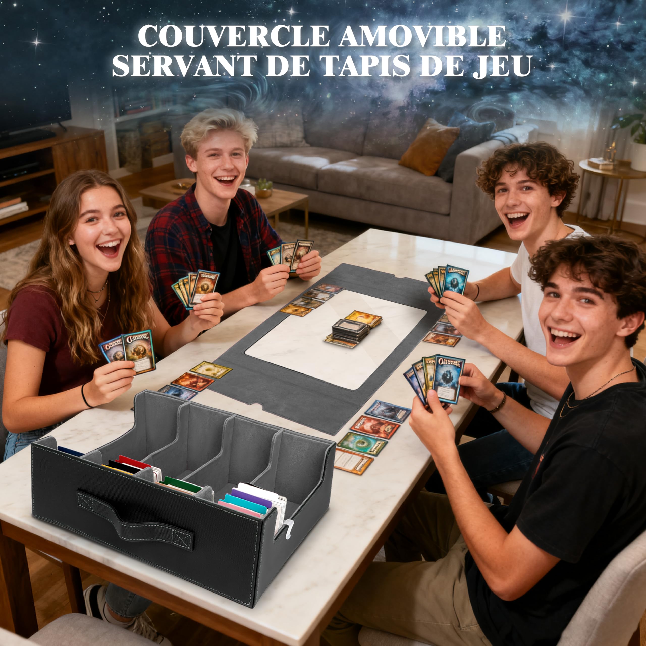 Charmofun Boîte Rangement Carte, Boîte à Cartes pour Plus de 2400+ Cartes Avec 10 Séparateurs, 4 Blocage et Plateau à Dés, Boîte à Rabat Magnétique Avec Cuir Pu et Poignée (Gris, 2400+)