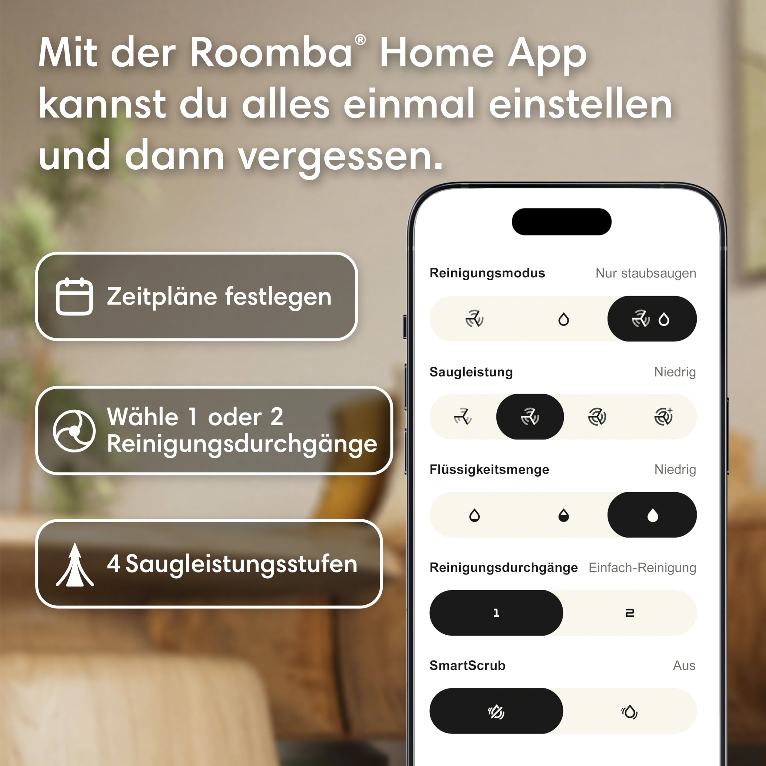 iRobot Roomba® 115 Combo Saug- und Wischroboter, 15k Pa Saugleistung, Bürsten und Wischpad reichen, Navigation mit Clearview™ LiDAR, Schwarz