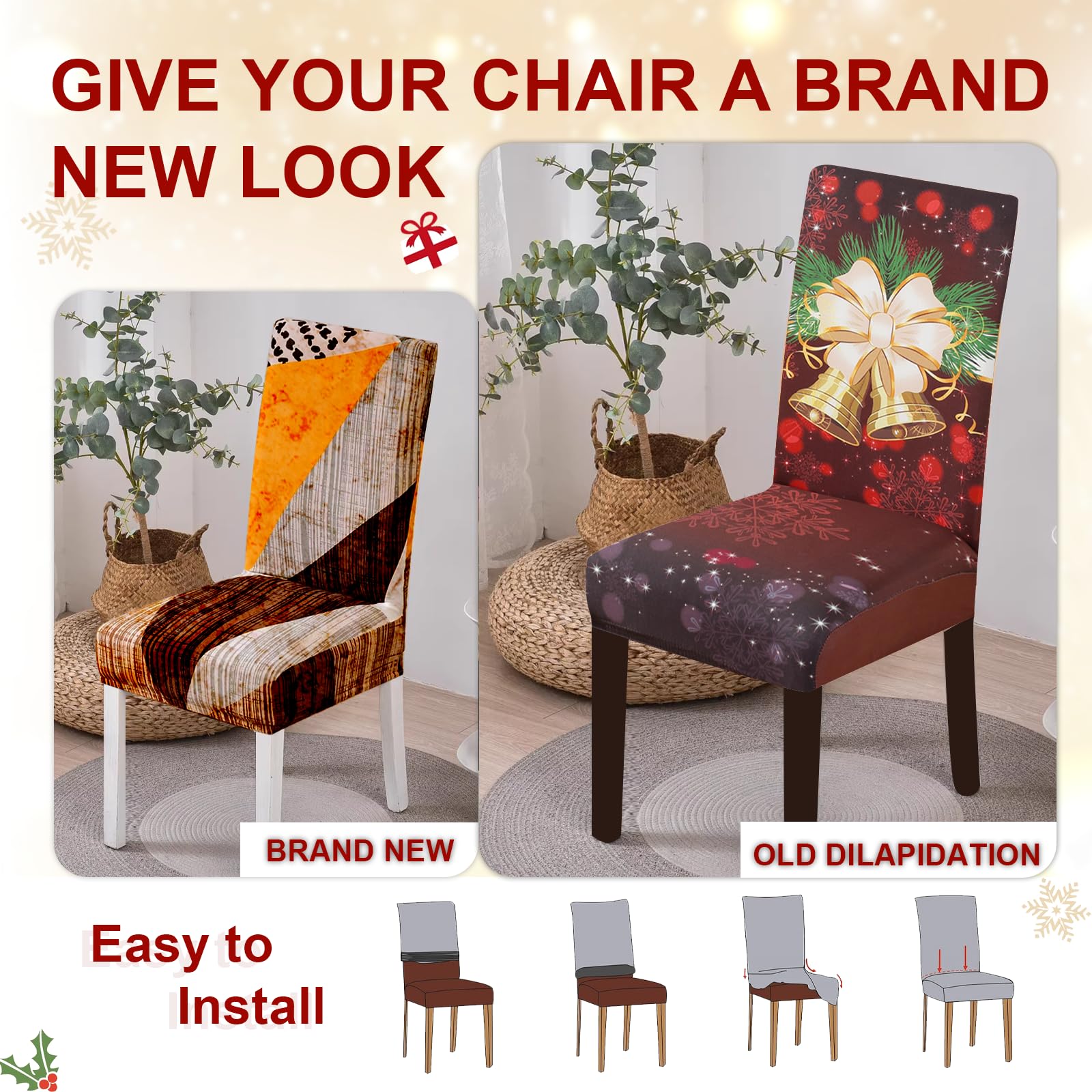 FIGOOO Coprisedie Natalizie con Schienale 4 Pezzi Xmas Coprisedia per Sala da Pranzo Spandex Fodera per Sedia da Cucina Coprisedia Decorativo Natalizio(Campanellino,4pcs)