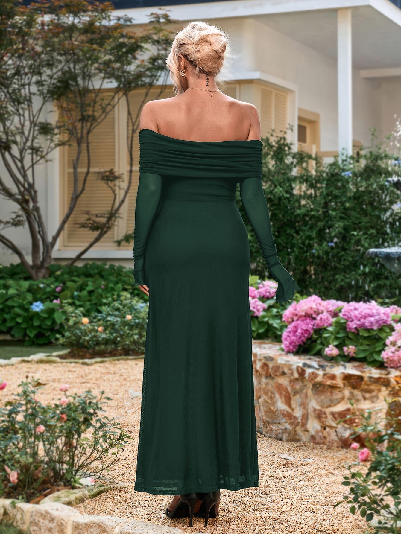 KUTUMAI Vestido largo ajustado con hombros descubiertos para mujer, manga larga, tul fruncido, para fiesta, boda, invitada formal