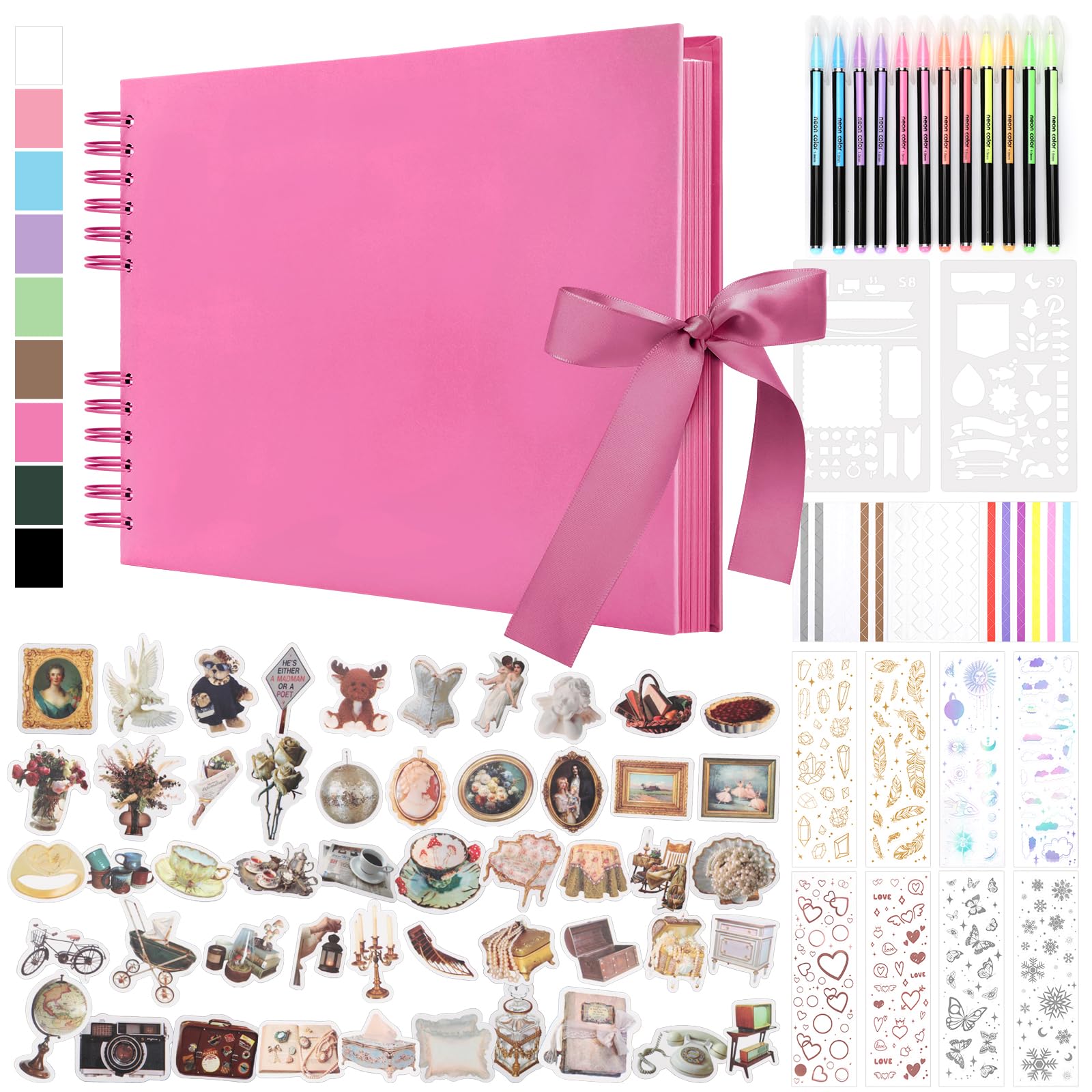 DazSpirit DIY Scrapbook Photo Album with Ribbon, 80 Pages/40 Sheets Scrap Book Rectangle Hardcover Photo Book, With 12 Marker Pens & 7 Stickers, Ideal for Scrapbooking, Arts, Crafts DIY, Rose Pink โ image 1