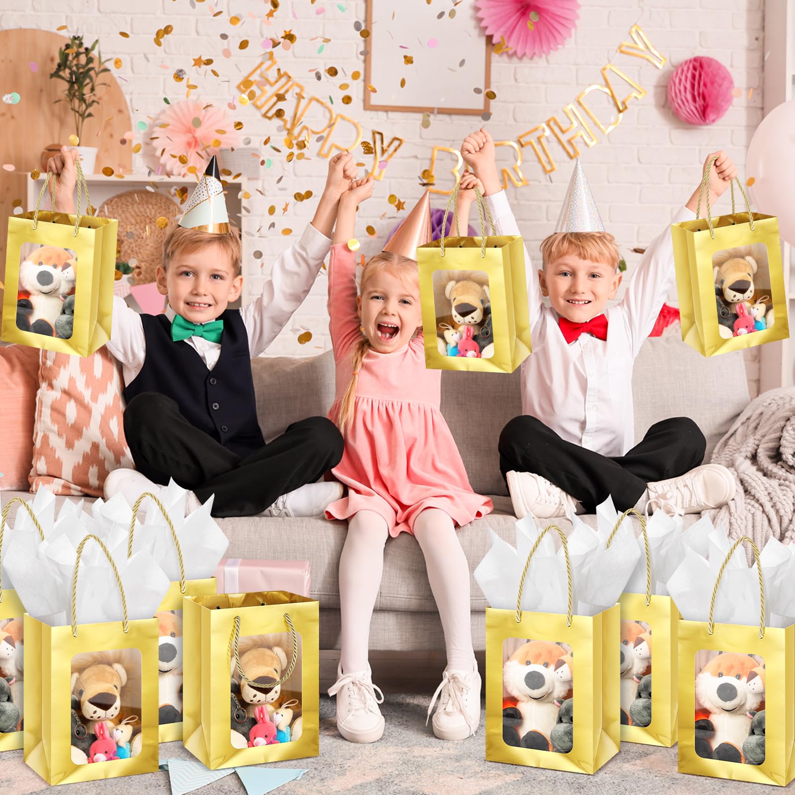 Zhanmai 36 bolsas de regalo transparentes de papel kraft con papel de seda, bolsas de regalo de papel de 10 x 7 x 5 pulgadas con asas transparentes para negocios, compras, bodas, baby shower