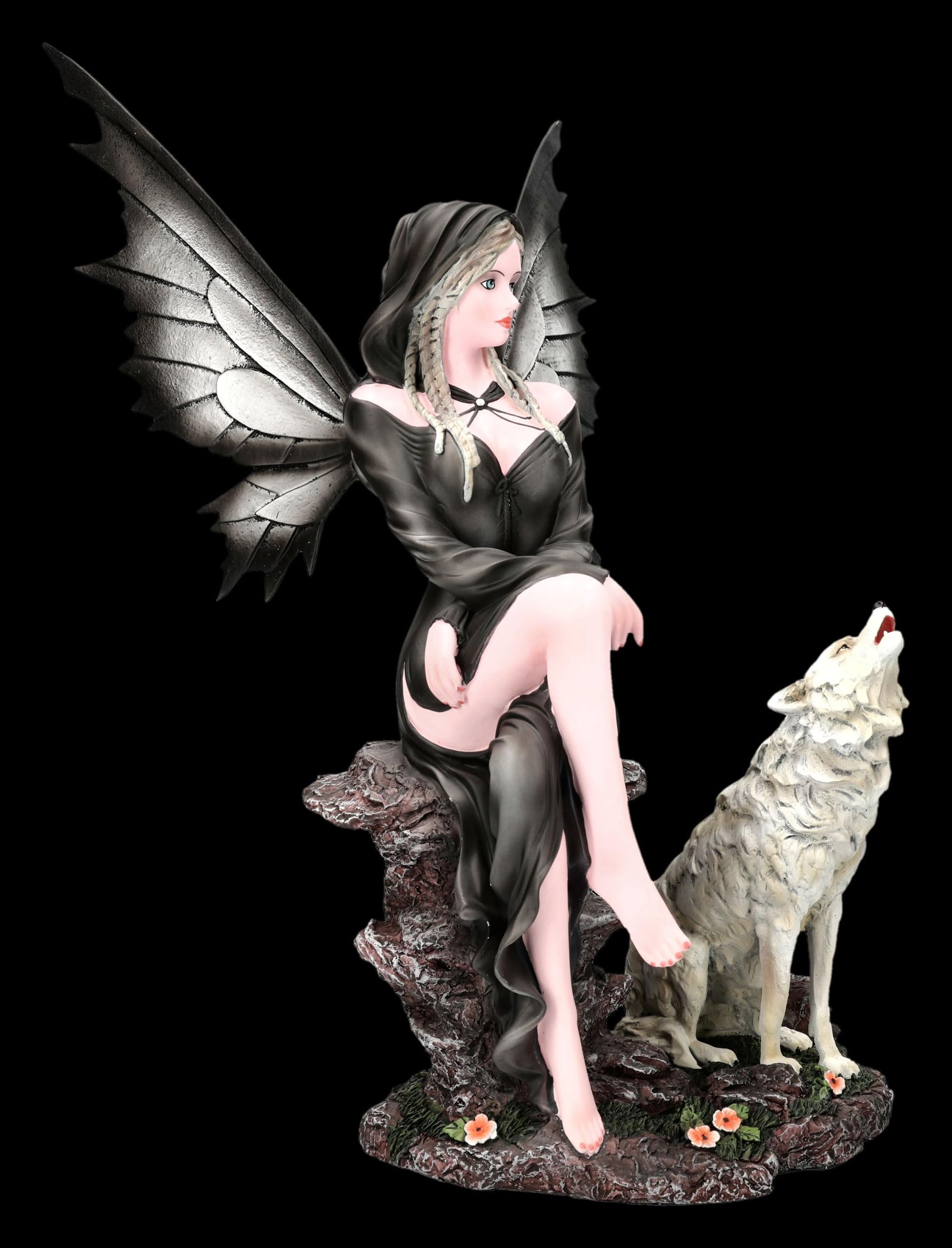 Figuren Shop GmbH Elfenfigur – Nyara, Mondwächterin mit Wolf – handbemalte Fantasy-Deko (32 cm) – Tales of Aurelion Collection – Geschenkidee für Nacht- & Mondfreunde