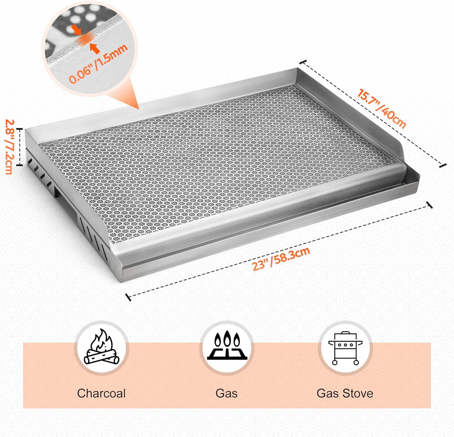 onlyfire Universal Flat Top BBQ Griddle with Honeycomb Pattern, Nonstick Cooking Griddle for Gas & Charcoal Grills, Great for Parties, Camping and Tailgating, 23"×16"