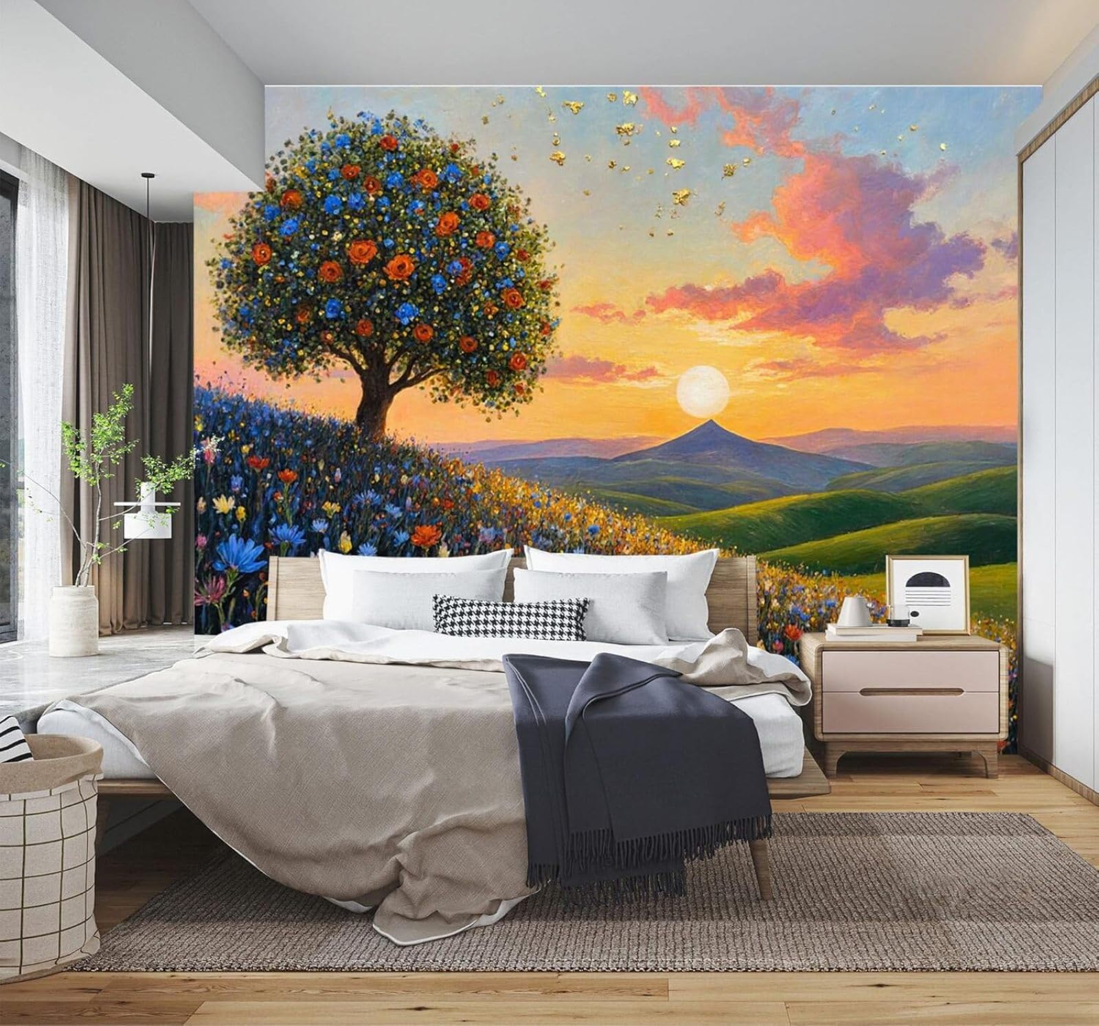 3D Papel Pintado Árboles De Colores Vivos Flores Silvestres Puesta Colinas