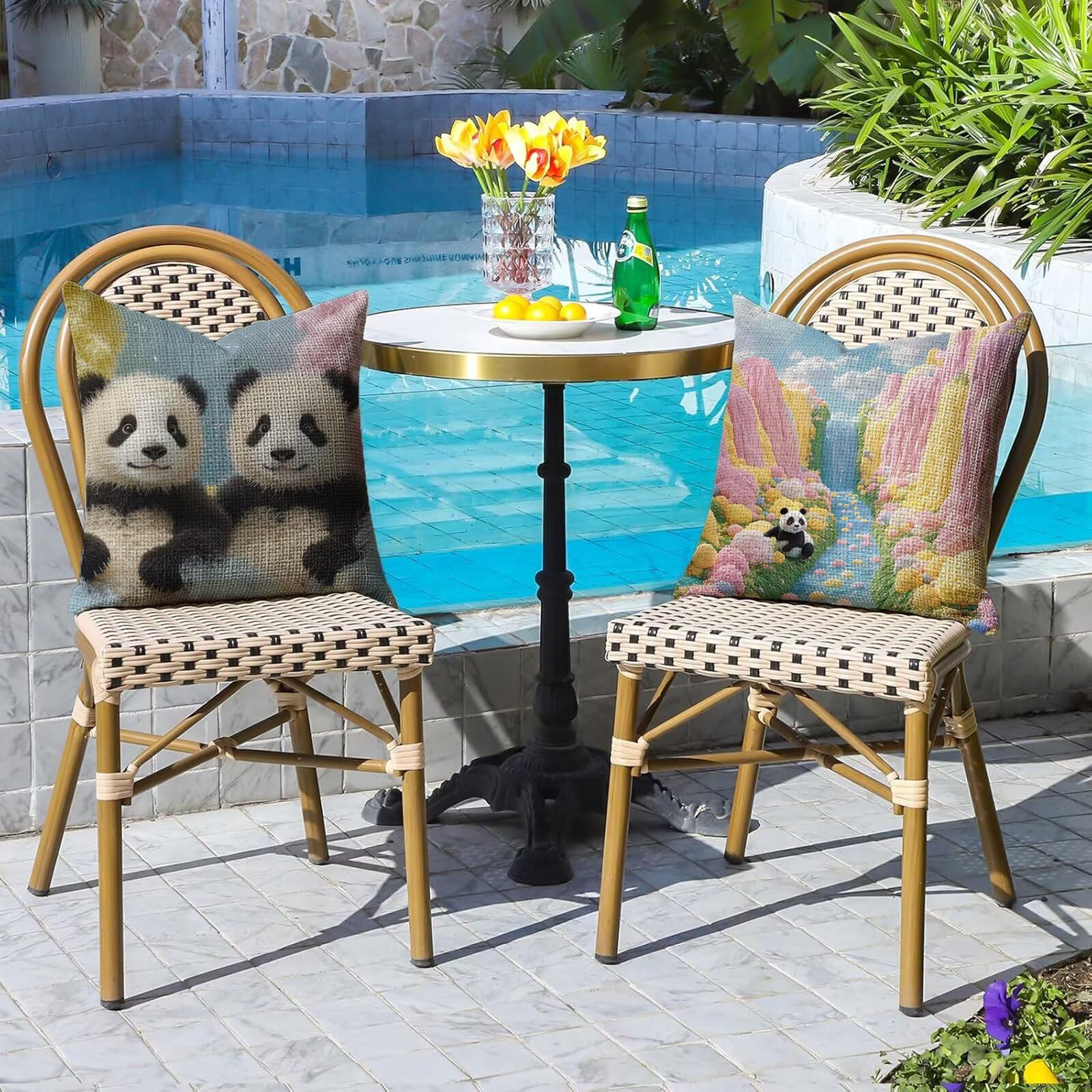 Funda Cojin 65x65 Pack de 4 Rosa Cojines de Exterior Impermeables de Lino, Cuadradas, Decorativas Panda para Sofá, Muebles de Jardín, Sofá, Cama, Banco, Decoración Rústica, Regalos para Mujeres G9-535