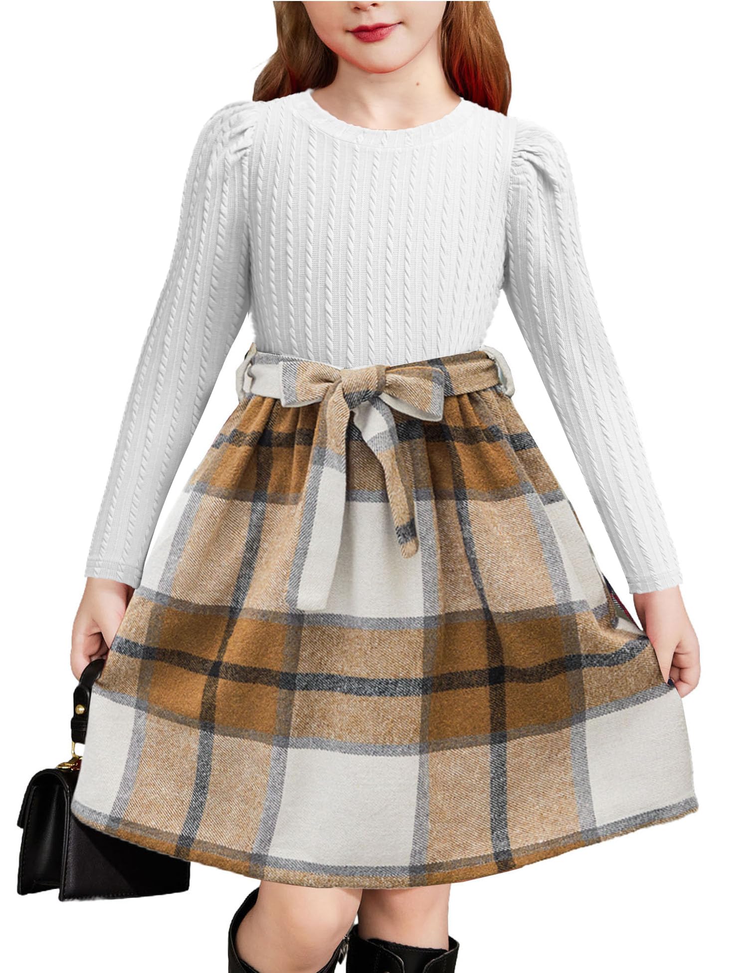 Arshiner Mädchen Langarmkleider Puffärmel Rippstrick Kariert Patchwork Freizeit Prinzessin Festlich Kleid Kinder Herbst Winter Kleider mit Taschen 4-14 Jahre