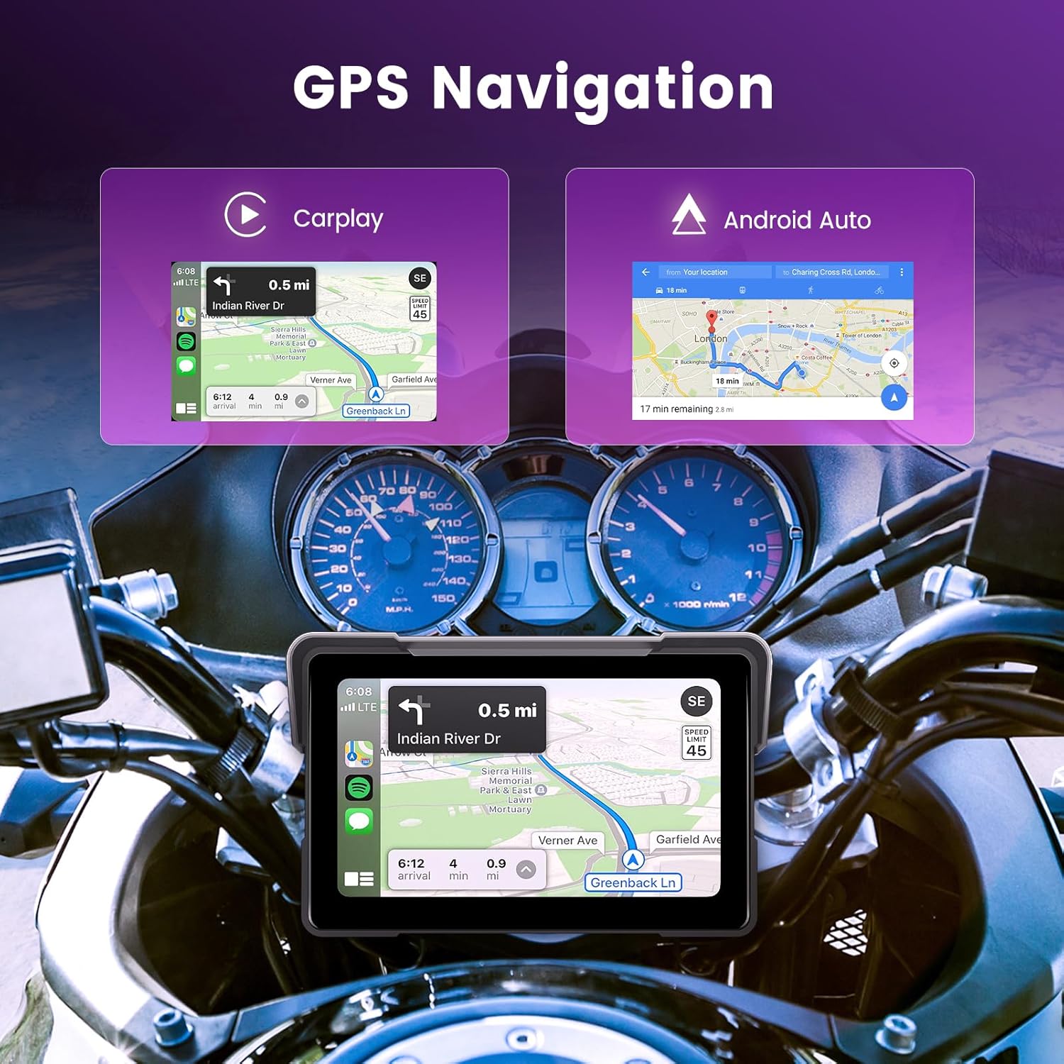 Screenshots of CarPlay and Android Auto displaying GPS navigation maps on the screen, mounted on a motorcycle dashboard.
