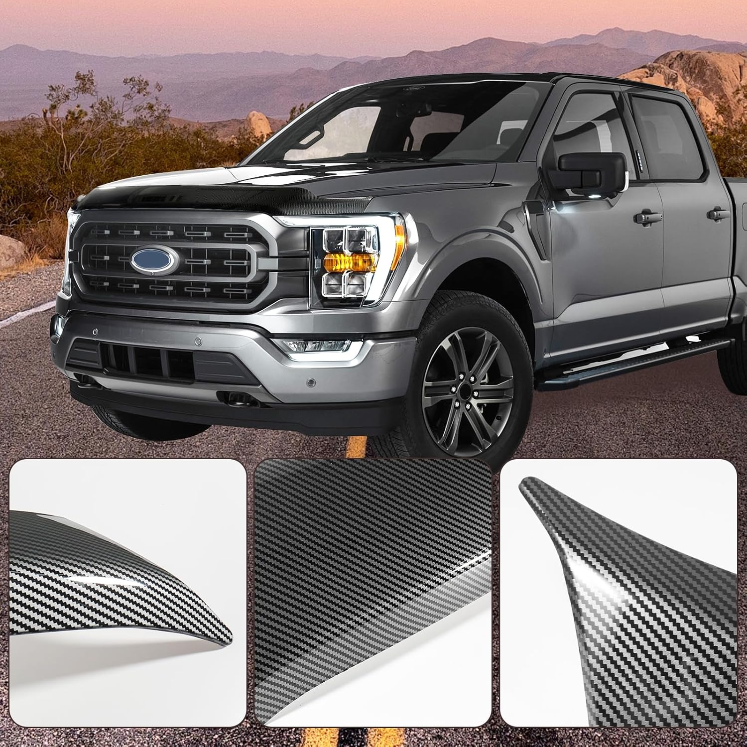 Hood Deflector Compatible with 2021-2025 Ford F150 XL/STX/XLT/Lariat Hood Protector ABS Plastic Bug Deflector for Ford F-150 Accessories (Glossy Carbon Fiber Style)