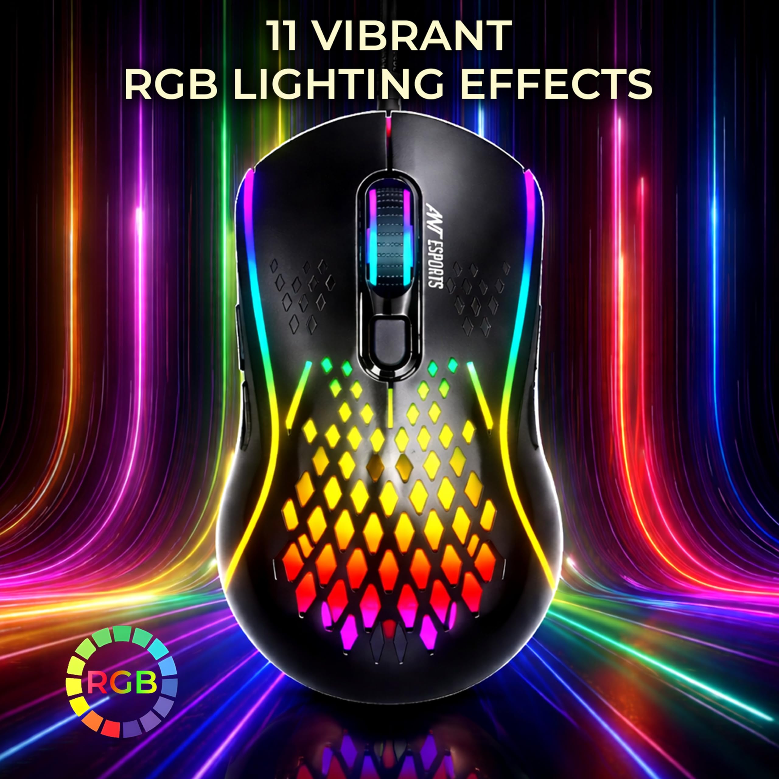 Ant Esports GM700 Wireless Gaming Mouse |4800 DPI Adjustable Sensor |11 RGB LED Modes | Lightweight Honeycomb Design |2.4GHz Low Latency |Rechargeable Battery | Ergonomic Mouse for PC & Laptop | Black 1