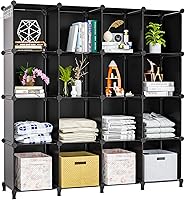 Neprock 16-Cube Storage Organizer Black - DIY Closet Clothes Organizer Cube Shelves for Toys Books Kids Room with Hammer Tool-Free Assembly