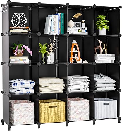 Neprock 16 Cubby Storage Organizer, Closet Clothes Storage Organizer, Cube Shelves Closet Organizers and Storage Shelves for Clothing Storage with Hammer, Bookshelf for Kids(Black)