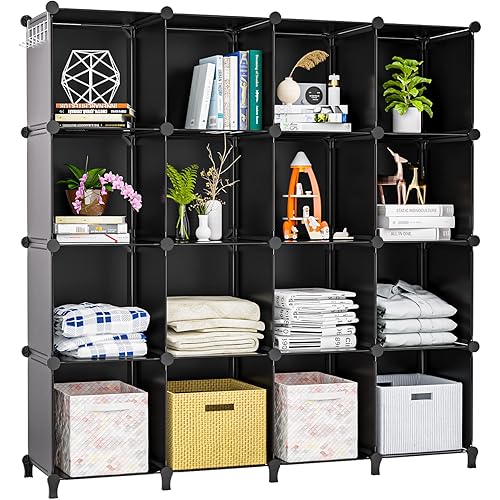 Neprock 16 Cubby Storage Organizer, Closet Clothes Storage Organizer, Cube Shelves Closet Organizers and Storage Shelves for Clothing Storage with Hammer, Bookshelf for Kids（Black）