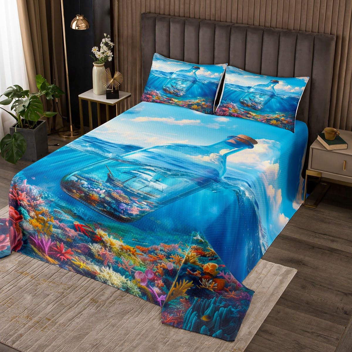 Castle Fairy Ocean Undersea Bedspread King Size Colorful Coral Botanical Coverlet Set Kids Room Present Nautical Sailing Boat Bedroom Decor Bedding Set Blue Sunny Sky Bedding with 2 Pillowcases
