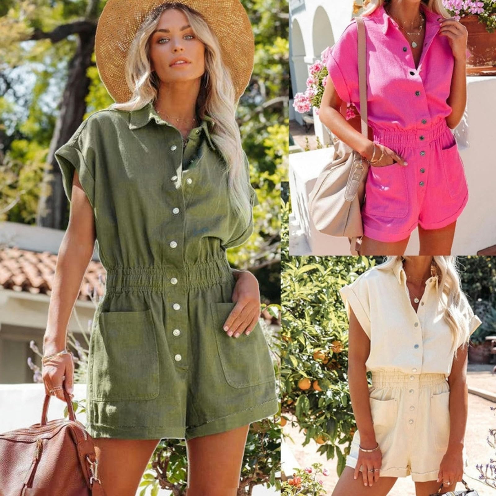 Mono utilitario, Pantalones Cortos, Cintura elástica, Mono de Manga Corta de Verano, Mamelucos con Botones para Mujer, Mono de Manga con puños, Rosa-S