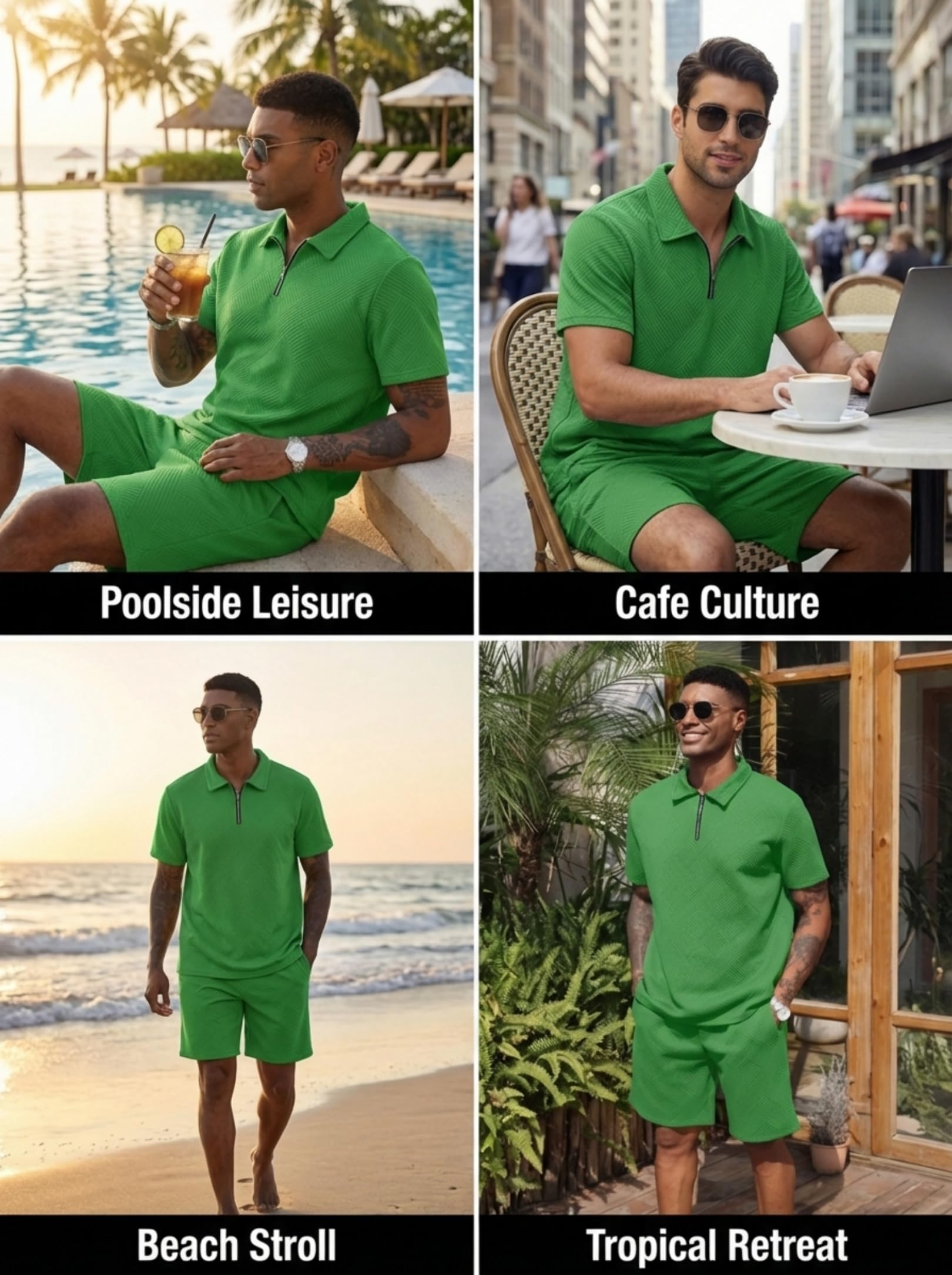 PICKLION Conjunto de 2 piezas de verano para hombre, manga corta y pantalones cortos, estilo casual, vacaciones, con cremallera de 1/4, polo de golf