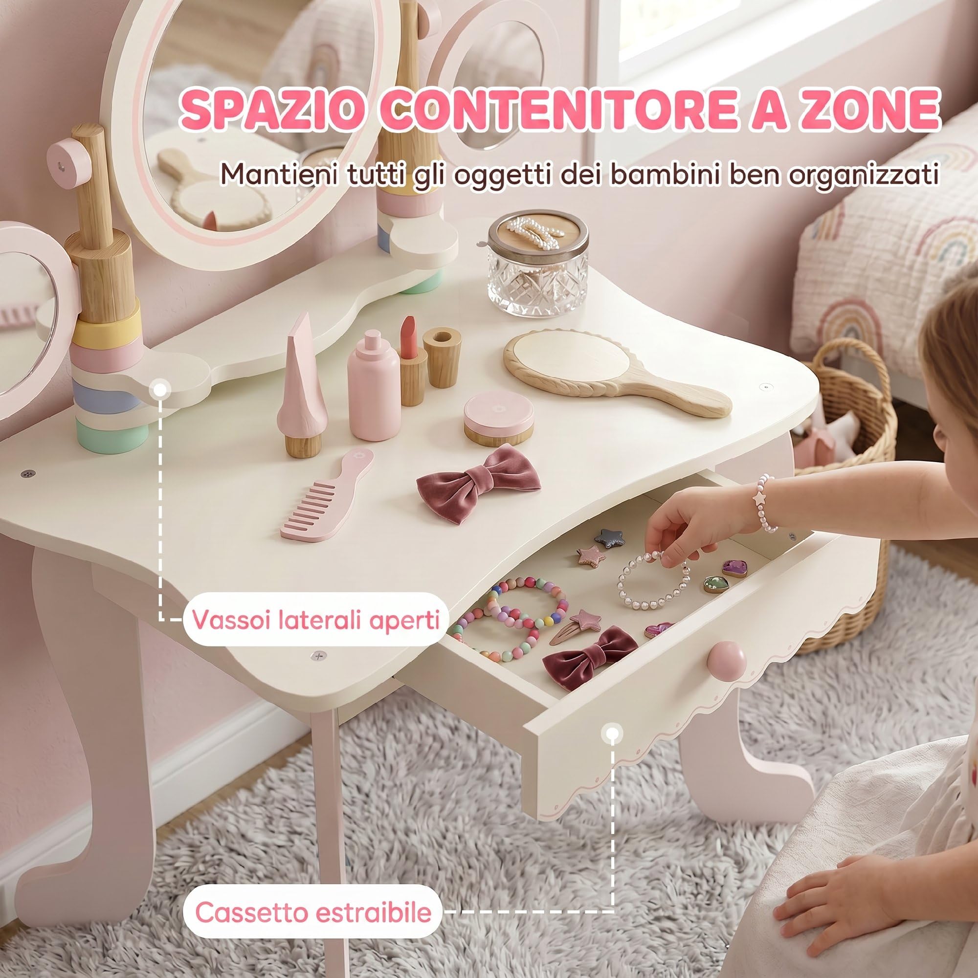 AIYAPLAY Toeletta Trucco Bambina con Sgabello, Triplo Specchi, Rosa | Cassetto e 5 Accessori in Legno di Pino, Specchiera Trucco in Legno, Postazione Trucco Bambina 3+ Anni per Cameretta