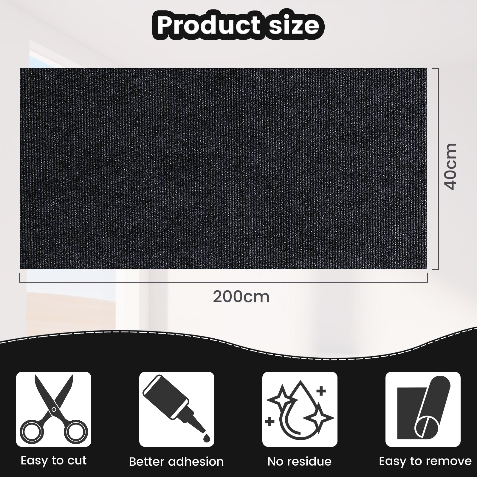 FaAmour Cat Scratching Mat, 40x200cm, Wall Mounted, DIY, Furniture Scratch Protector, Ideal for Floors Sofas, Chairs (Black) - Image 2