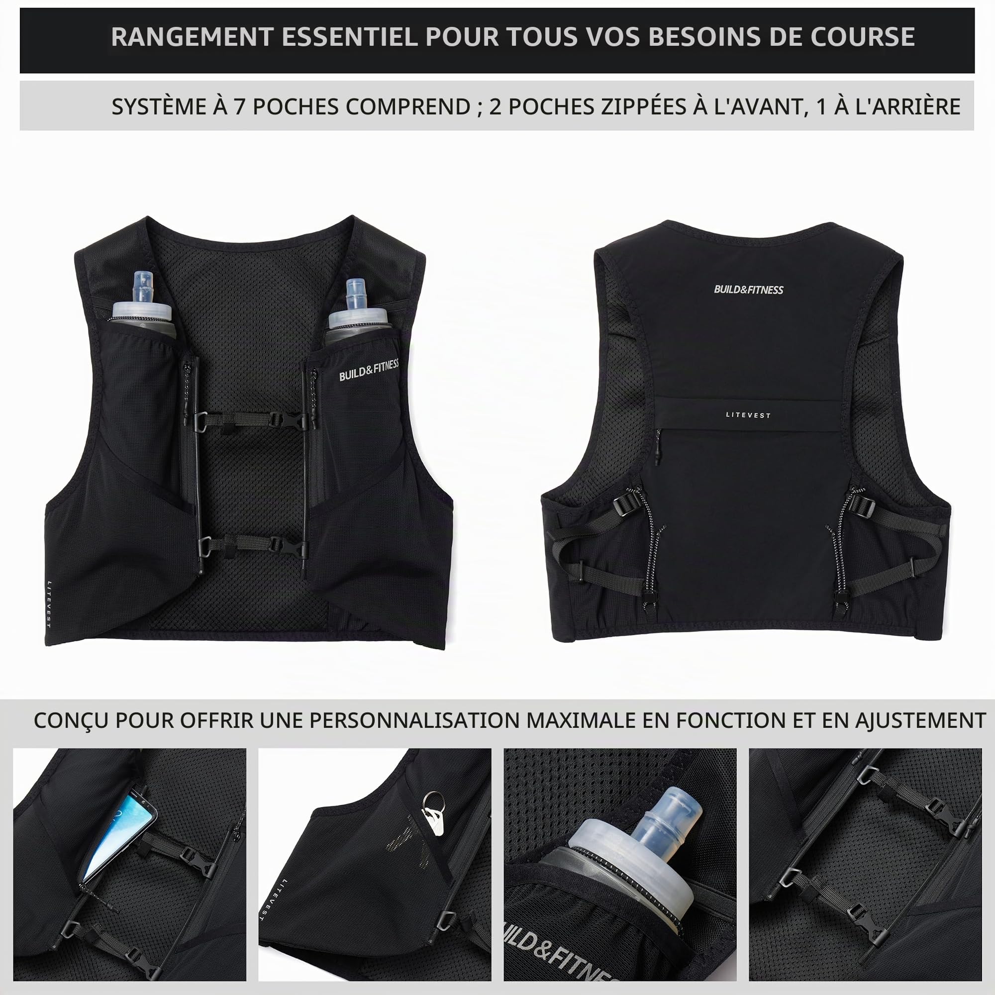 Gilet d'hydratation LITEVEST Build & Fitness avec 2 gourdes Souples de 500 ML – 7 Poches, Respirant, Confortable, sécurisé et élégant pour Le Trail, Les Marathons et Les Courses Quotidiennes