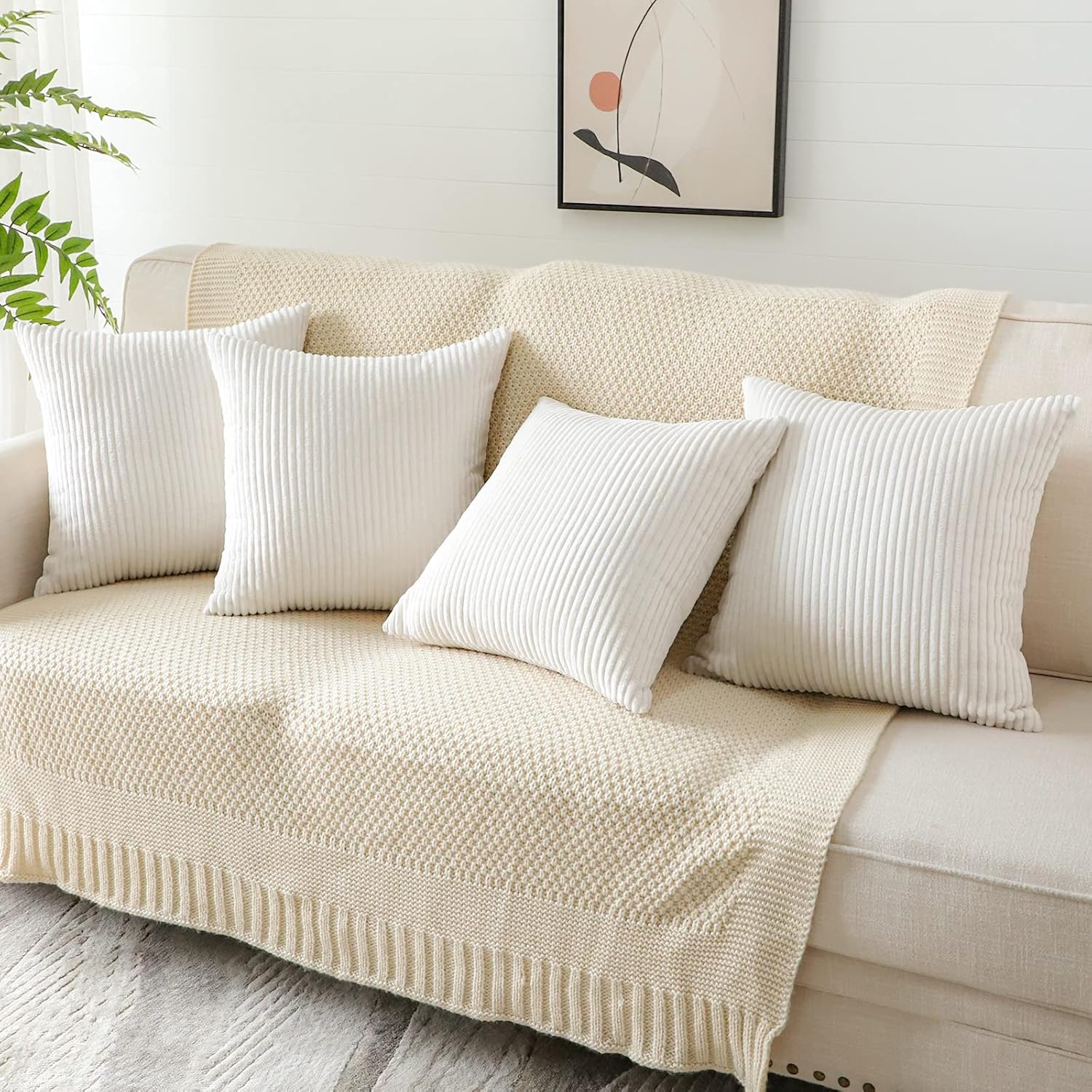 OTOSTAR Set of 4 Cream White Soft Striped Corduroy Decorative Throw Pillow Covers 18x18 Inch Square Pillowcases for Sofa Car Patio Bedroom Living Room Home Decor Cushion Covers 45x45cm - Image 3