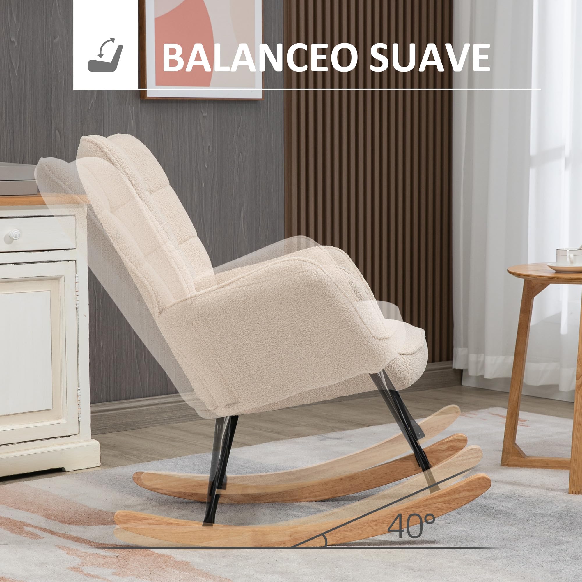 HOMCOM Mecedora de Borreguito Silla Mecedora con Patas de Madera de Haya y Marco de Acero Carga 120 kg para Dormitorio Salón Beige
