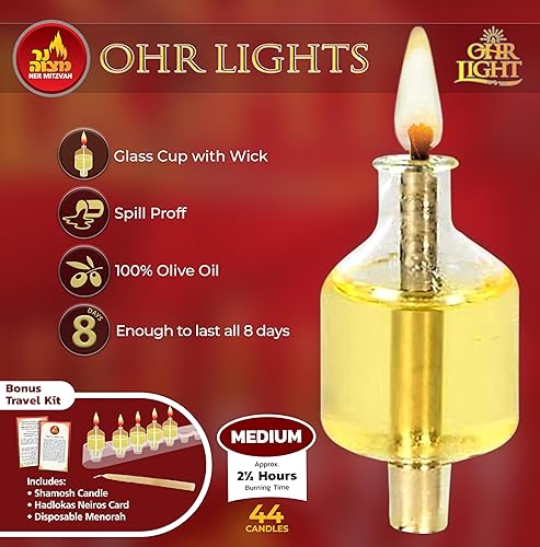 Miniatura 2 de Velas Ner Mitzvah, copas de aceite de oliva pre-llenadas, Hanukkah, menorá, con mecha lista para usar, 44 unidades de velas Ohr
