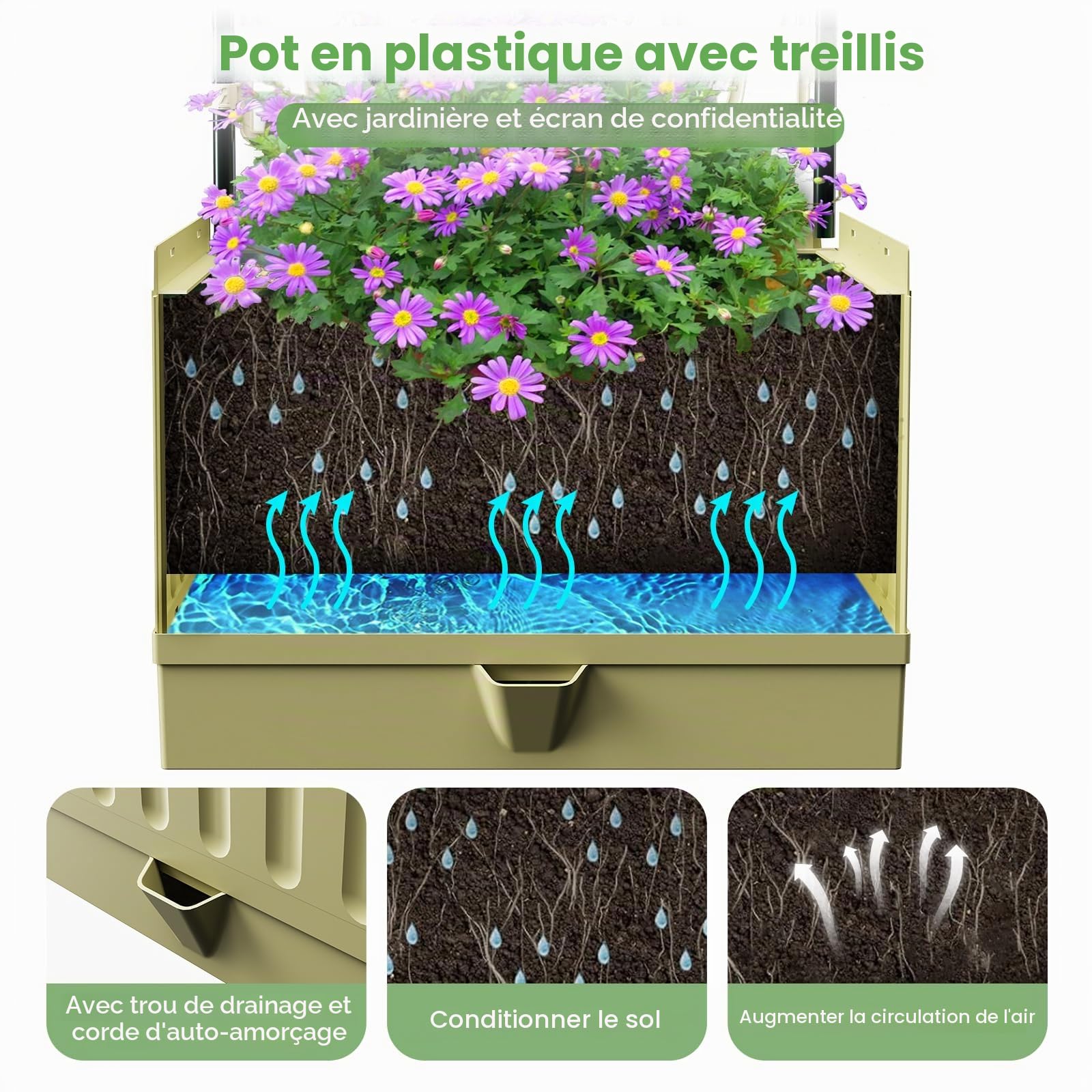 Jardinière surélevée avec treillis en métal, 142 cm, auto-arrosage, jardinière surélevée pour plantes grimpantes, fruits, légumes, fleurs