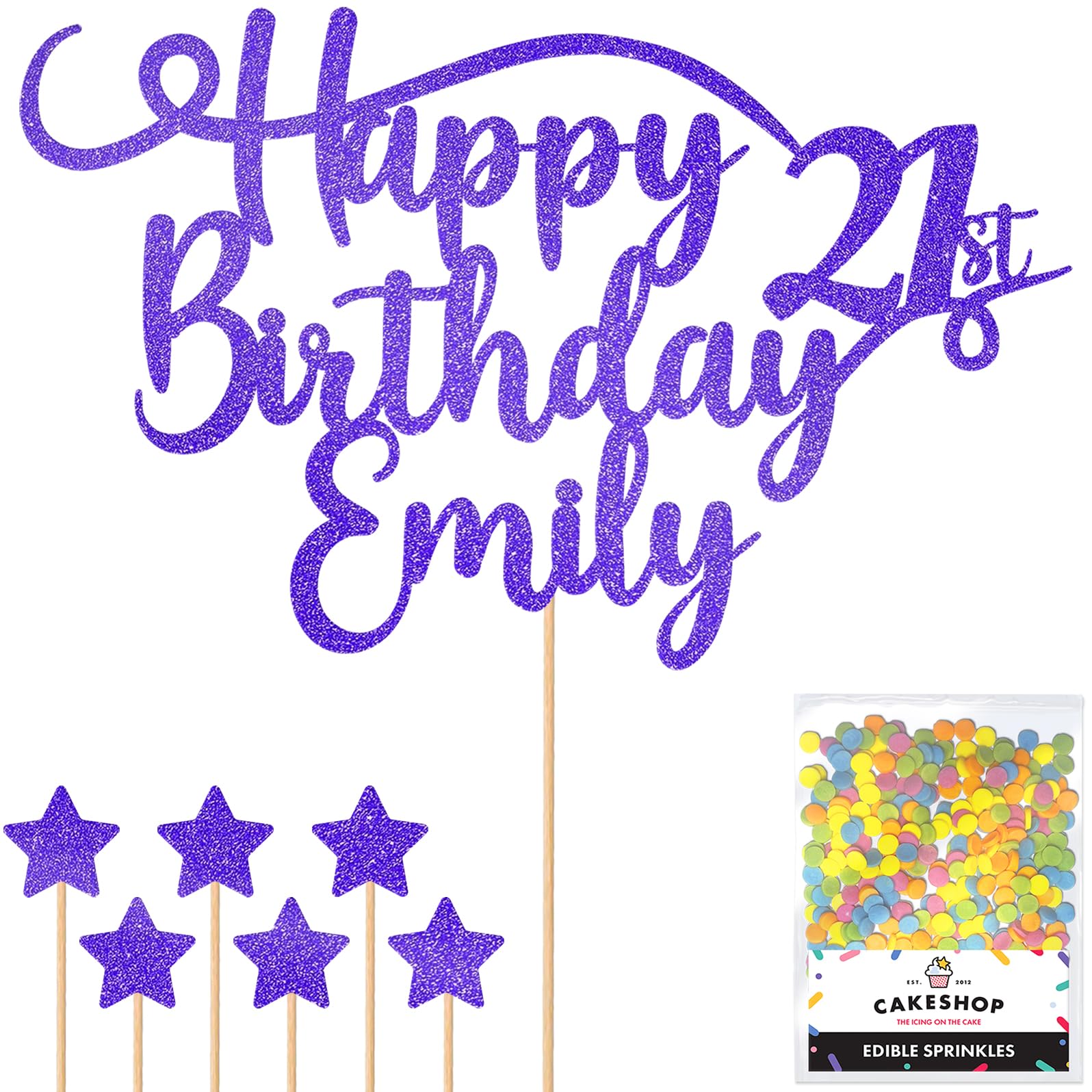 Personalised Happy Birthday Glitter Cake Topper - Bright Blue Any Name & Any Age Glitter Cake Decoration and Sprinkles - Happy Birthday Decorations - Personalised Toppers for Cakes by Cakeshop — image 1