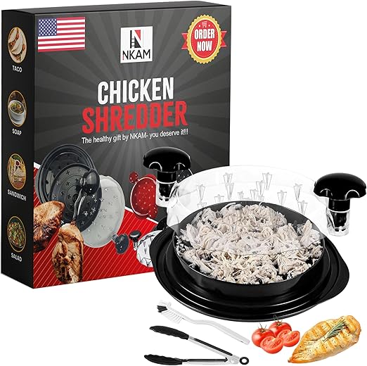 Chicken Shredder Tool for Cooked Meat and Vegetables, Manual Meat Shredder with Anti-Slip Base and Clear Lid, BPA-Free Plastic, Dishwasher Safe, Heavy Duty Hand Shredder (Black)