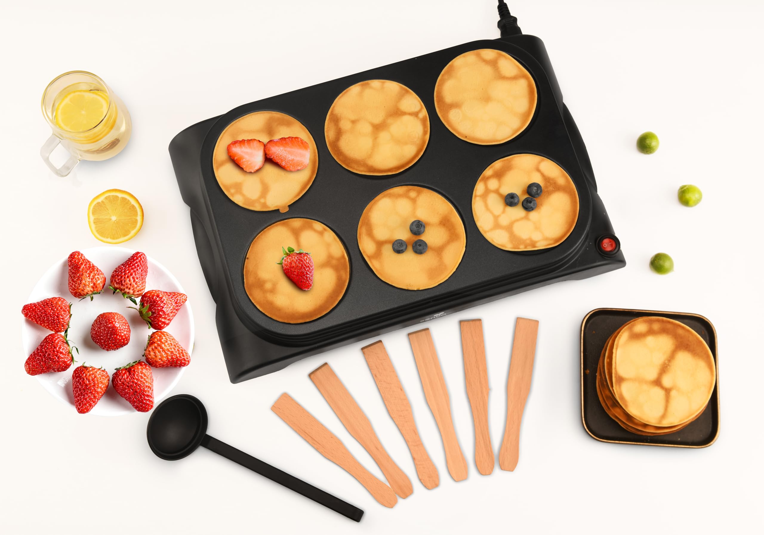 SENYA Crêpière électrique - Machine à crêpes 1000W - Plaque Antiadhésive Ø11,5 cm, Cuisson Rapide, crêpes, pancakes, 6 Spatules Bois + Louche, Mini Crêpe Party Facile à Nettoyer