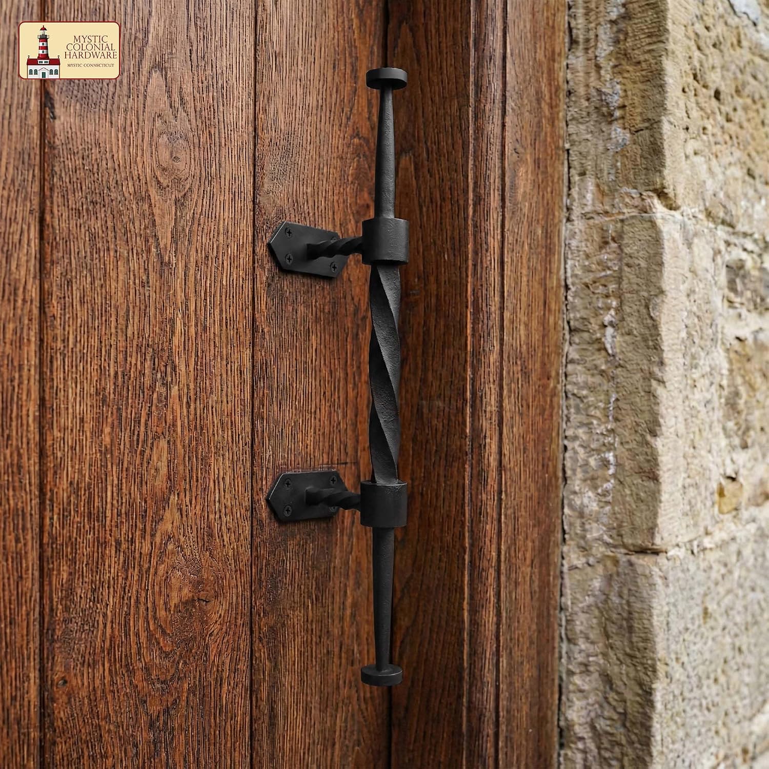 Mystic Colonial Rustic Twisted 16.5” Barn Door Handle Pull – Heavy Duty Double-Sided Wrought Iron Door Handles for Sliding Barn Doors, Entry Doors, Wooden Gates & Garage Door