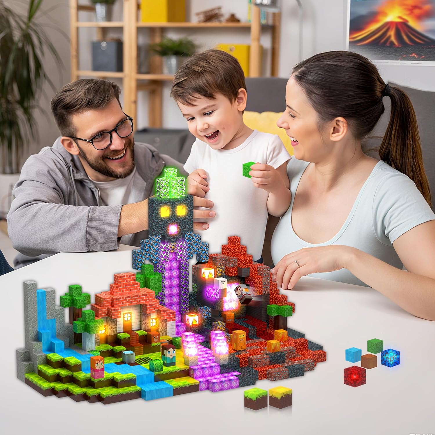 200 PCS Magnetic Building Blocks with Light Cube - STEM Educational Toys with Storage Bag for Kids 3+ (Volcano Theme)