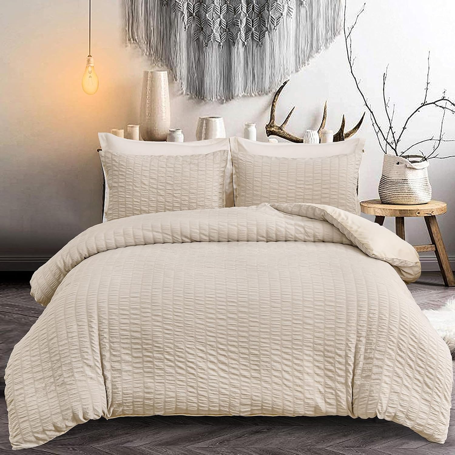 Beige Seersucker Duvet Cover Double Size Puckering Seersucker Cream Bedding Set,2 Pillowcases and Zipper Closure,Soft Microfiber,200×200 cm