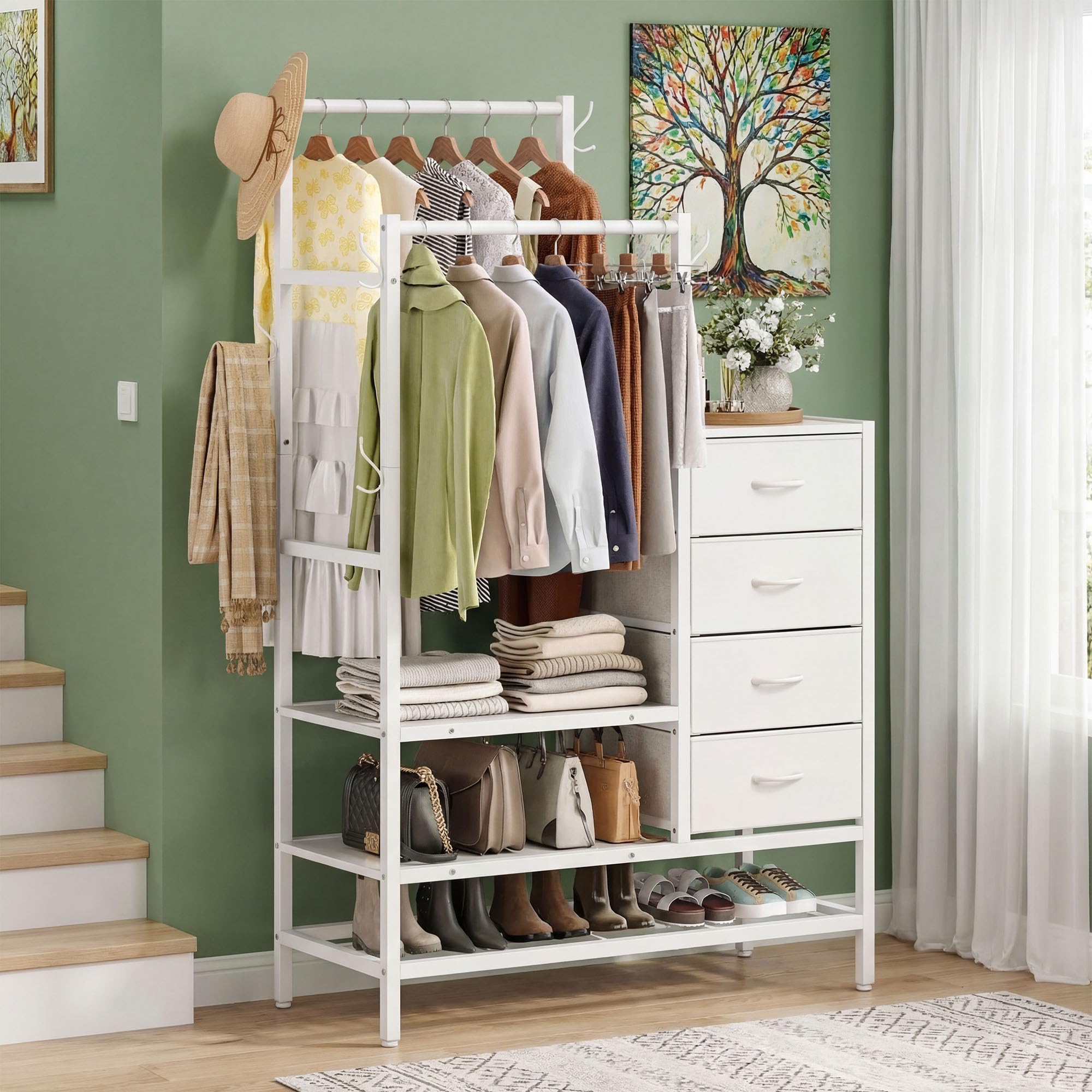 FEONASE Cassettiera 3 in 1 Per Camera Da Letto, Con 4 Cassetti in Tessuto, Con 2 Appendiabiti e 5 Ganci, il Design inferiore a Tre Strati Può Contenere Scarpe, Borse, Vestiti e Altri Oggetti, Bianco