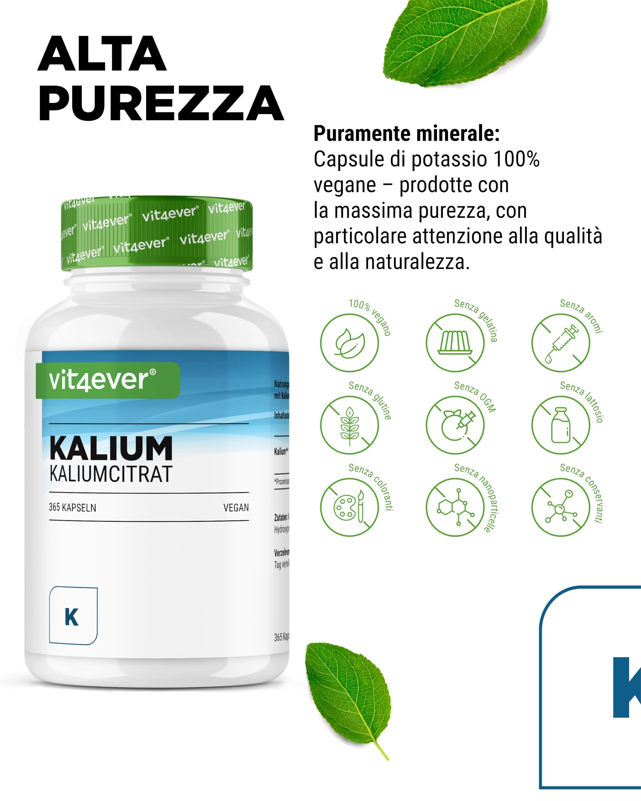 Potassio - 365 capsule con 800 mg di potassio elementare (da citrato di potassio) per porzione giornaliera - 100% citrato - Vegano