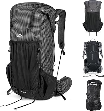 Naturehike 60L Rock 2.0 Upgraded Internal Frame Hiking Backpack for Outdoor Camping Travel Lightweight Backpacking with Rain Cover Ultralight Backpack for AdultsBlack/L/60L