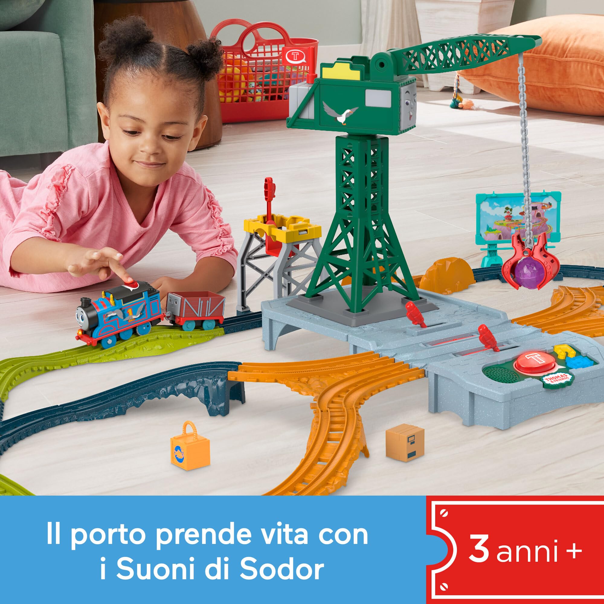 Il Trenino Thomas - I Suoni di Sodor Cranky Delivery, set con pista e 3 personaggi inclusi, con 60 melodie musicali e suoni ferroviari, giocattolo per bambini, 3+ anni, HRC47