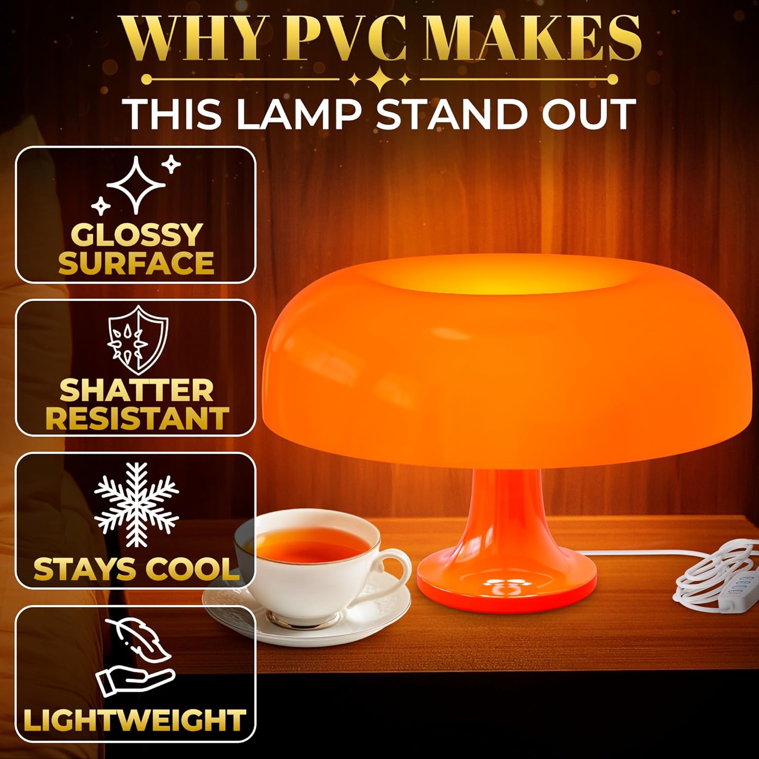 Orange Mushroom Lamp for Bedroom – Dimmable Vintage Mushroom Lamps Power 5W with 3 Lighting Colors & 10 Brightness – USB Powered Nightstand Retro Lamp for Reading Room, Office, Dorm | ABS + PVC Build