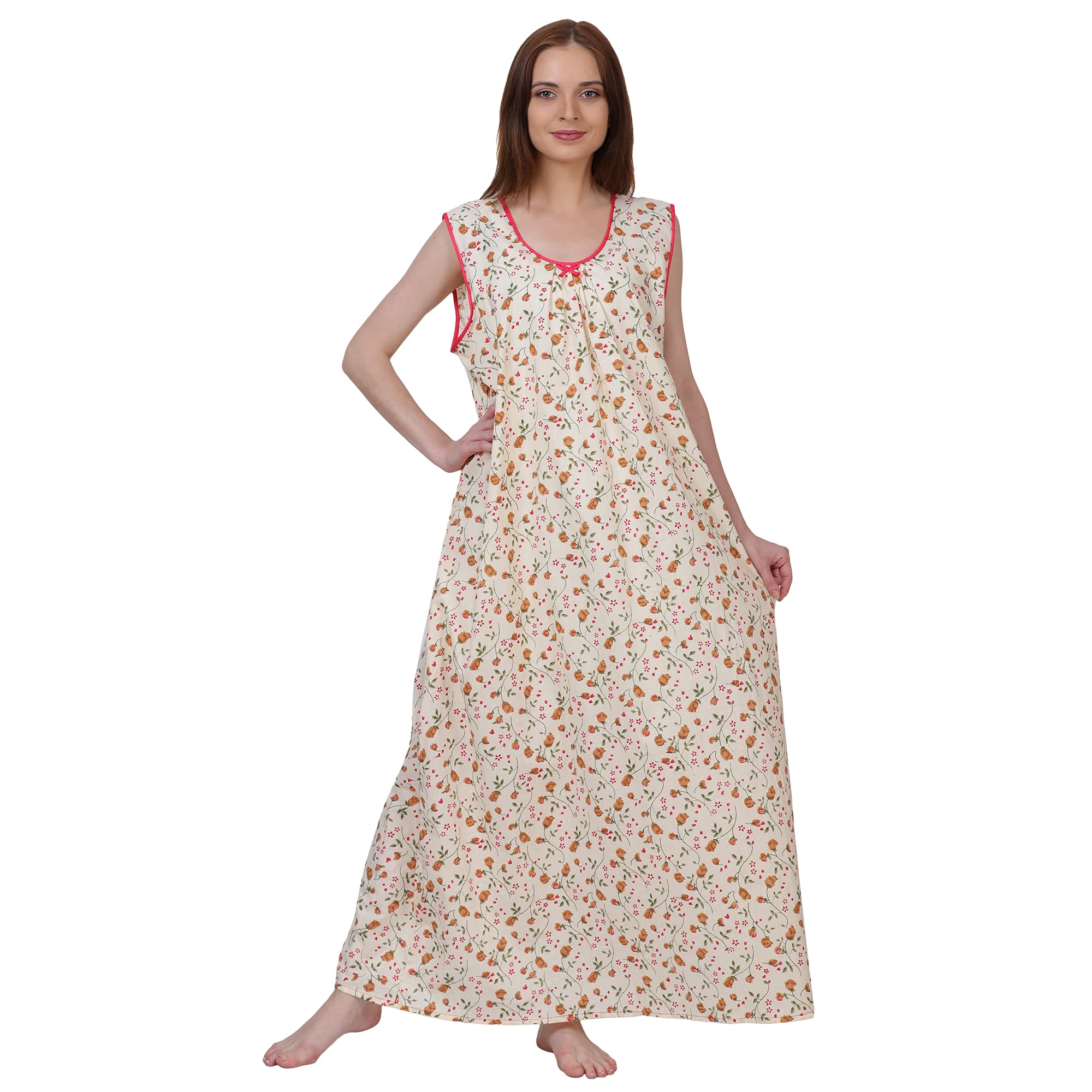 BreezlyWoman Printed Sleeveless Maxi Nighty Pure Cotton (Yellow)