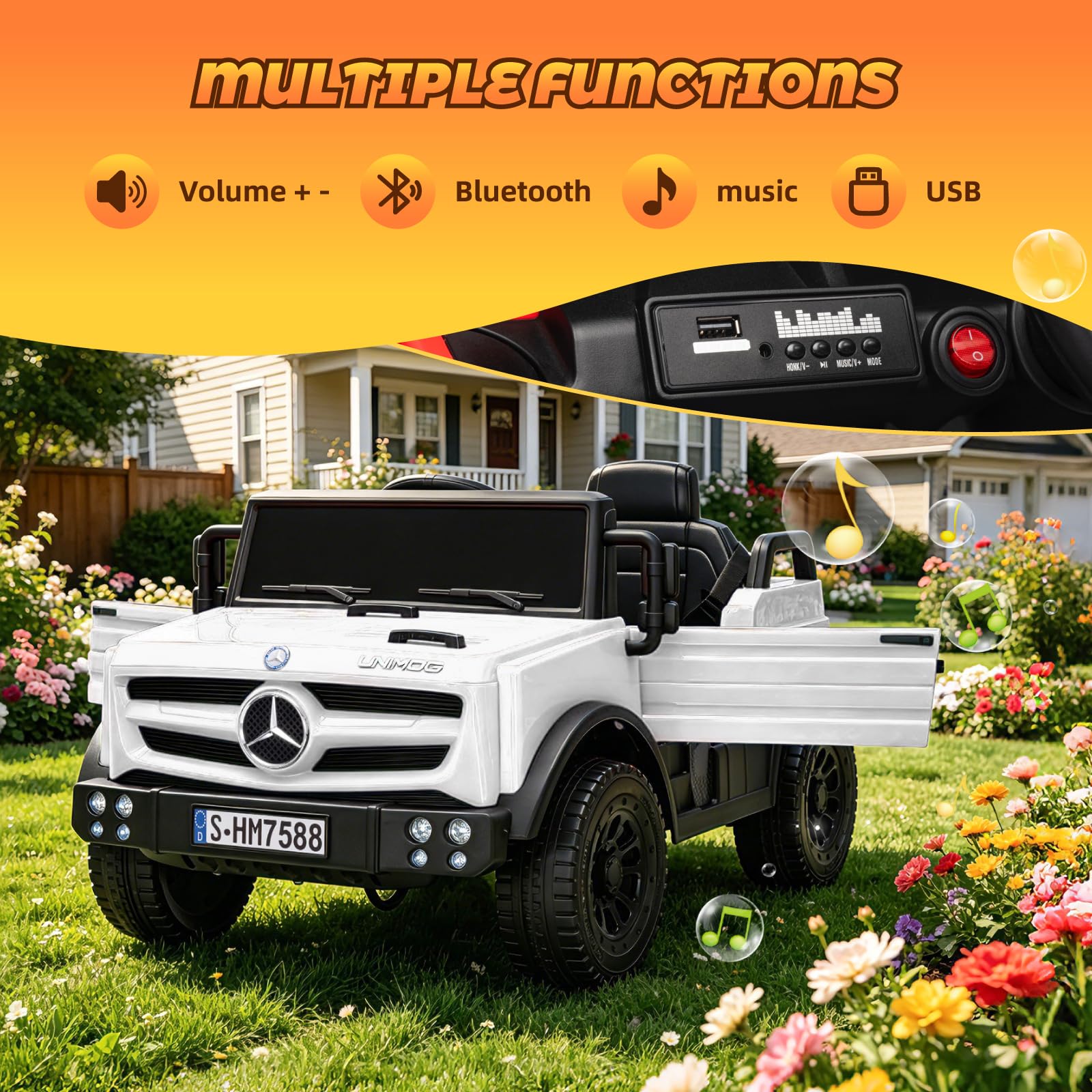 TCARAIWEN Macchina Elettrica per Bambini Mercedes-Benz Unimog Licenza, 12V Auto Elettrica Bambini 3-6 Anni, Veicolo con Telecomando, Cintura a 3 Punti, Bluetooth, 5 km/h (Bianco)
