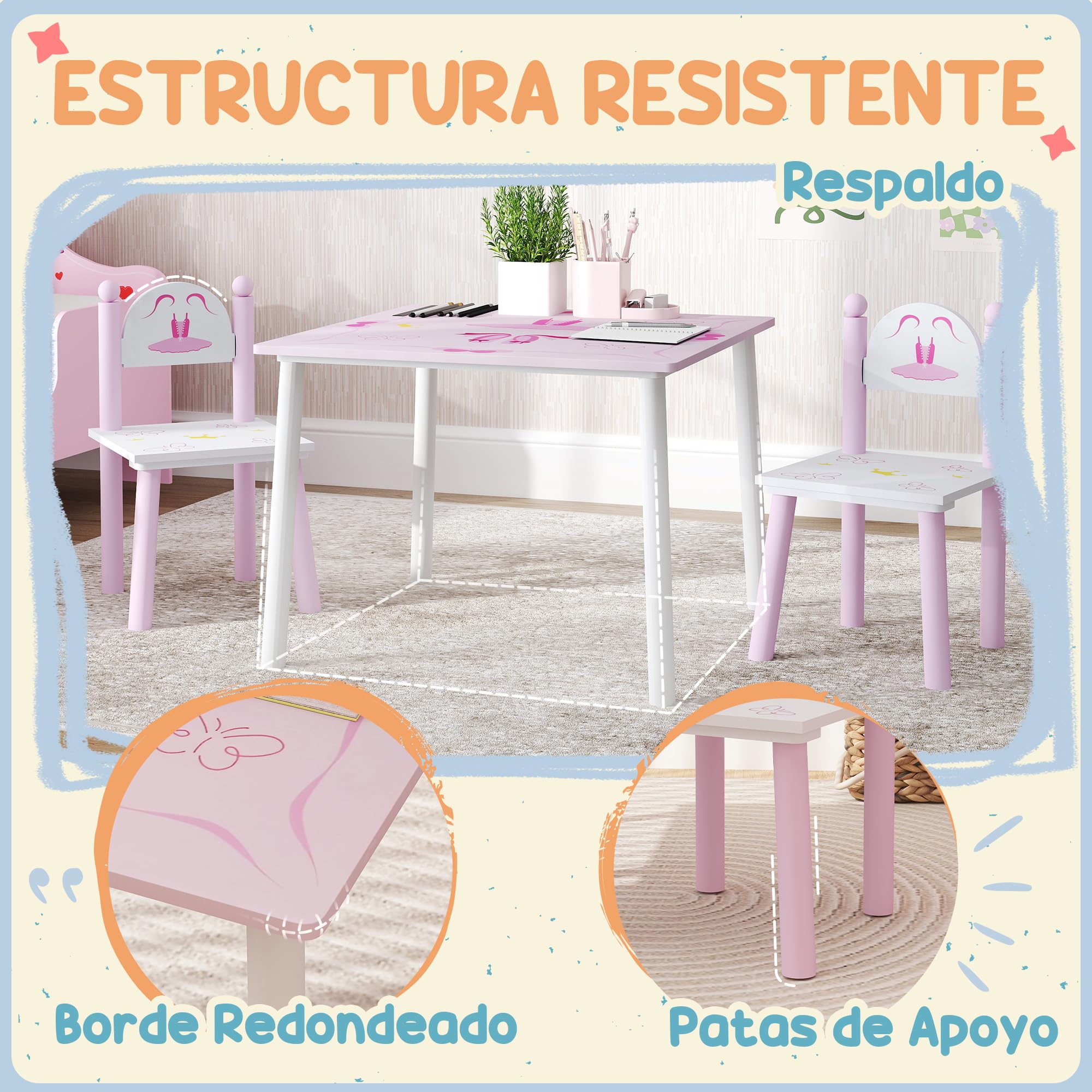 AIYAPLAY Tavolo e sedie per bambini 3 pezzi stile principessa Rosa e bianco