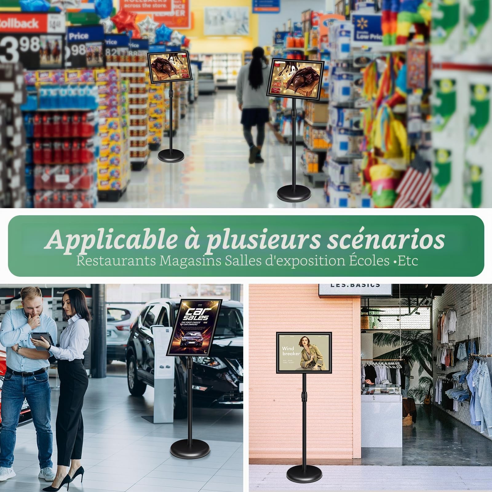 Porte affiche A4 Présentoir sur pied, Support pour affiche, Présentoir publicitaire remplaçable, Support de signe en alliage d'aluminium. (Noir)